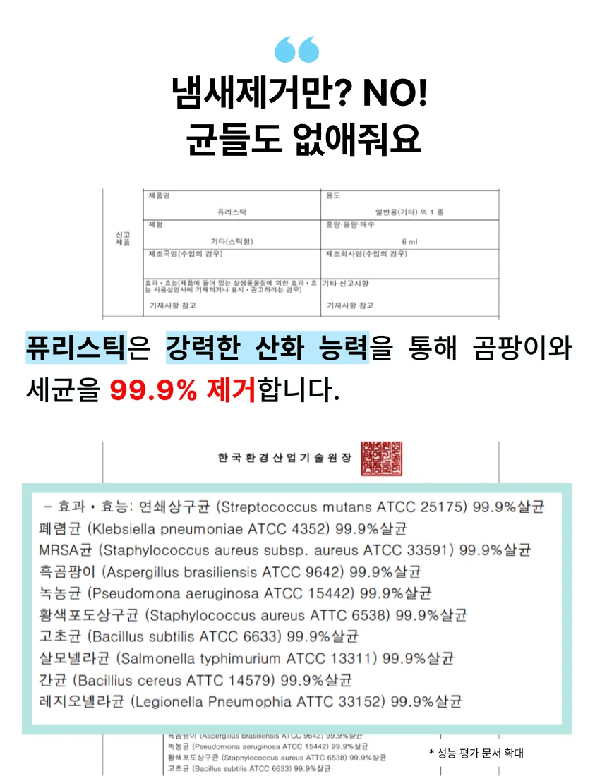 곰팡이와 세균 99.9% 제거 시험성적
